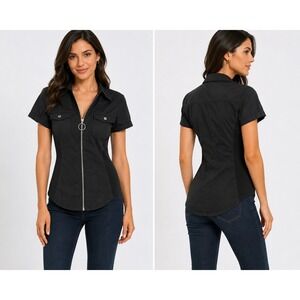Guess Los Angeles Womens Black Short Sleeve Zip Front Utility Shirt